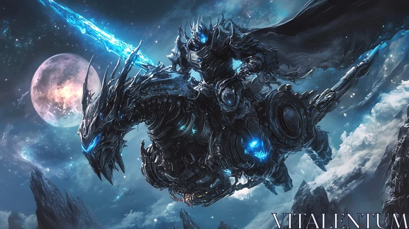 AI ART Futuristic Armored Knight with Mechanical Dragon in Space