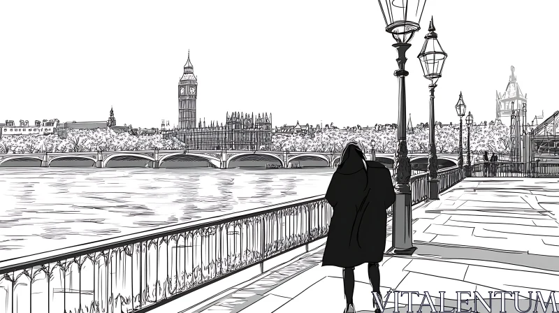 London Riverside Walk with Big Ben in Monochrome AI Image