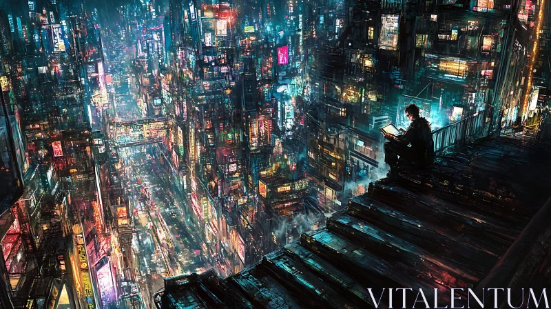 Futuristic Cyberpunk Cityscape with a Lone Observer AI Image