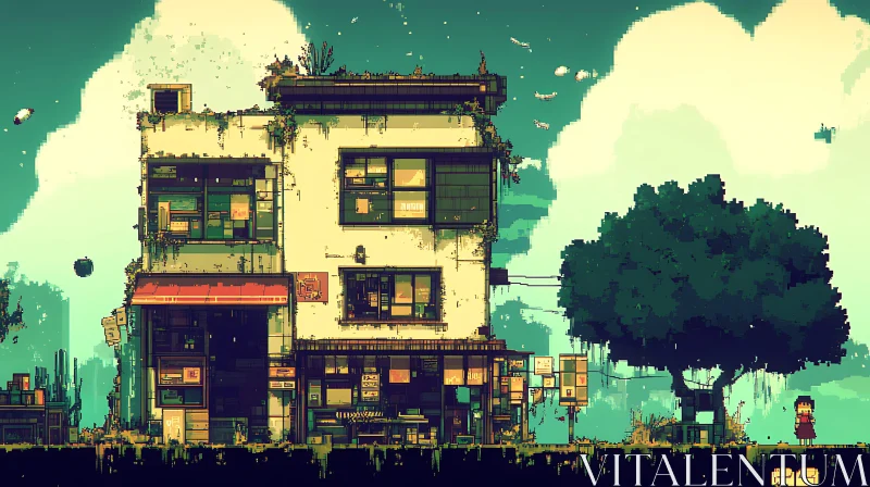 Retro Pixel Art Scene with Building and Tree AI Image