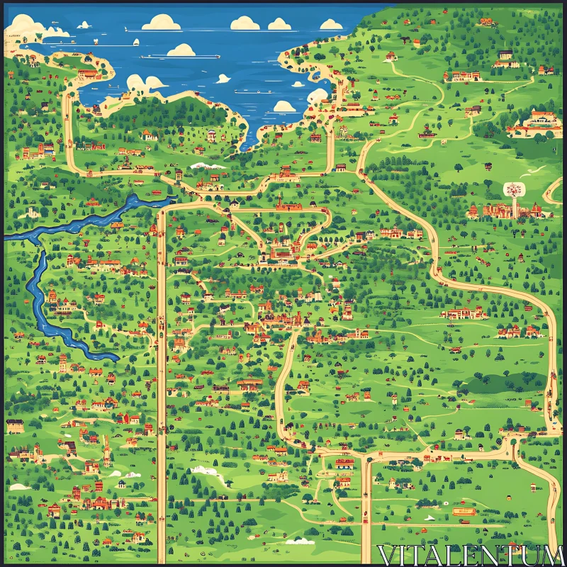 Illustrated Countryside Map with Roads and Greenery AI Image