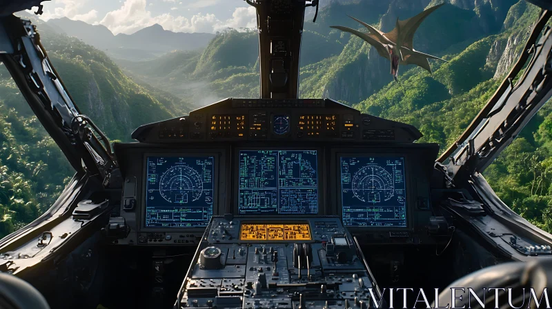 Advanced Cockpit with Scenic Mountain View and Pterosaur AI Image