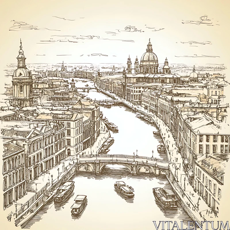 AI ART Hand-Drawn Urban Landscape with Canal and Domed Buildings