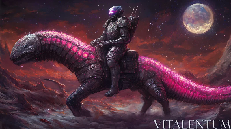 Sci-Fi Knight Rides Mechanical Beast in Barren Alien Landscape AI Image