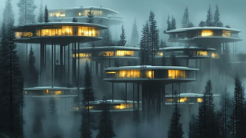 Modern Elevated Homes in a Misty Night Forest