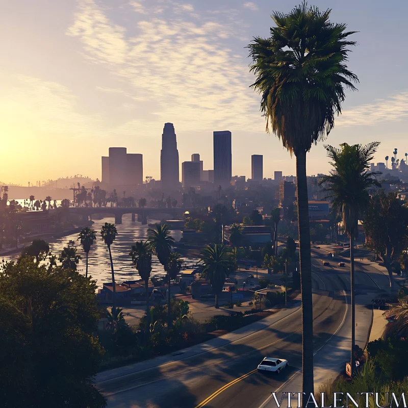 Urban Sunset with Palm-Lined Road and River AI Image