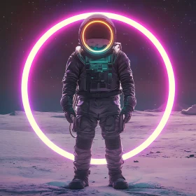 Neon Framed Astronaut on Lunar Landscape