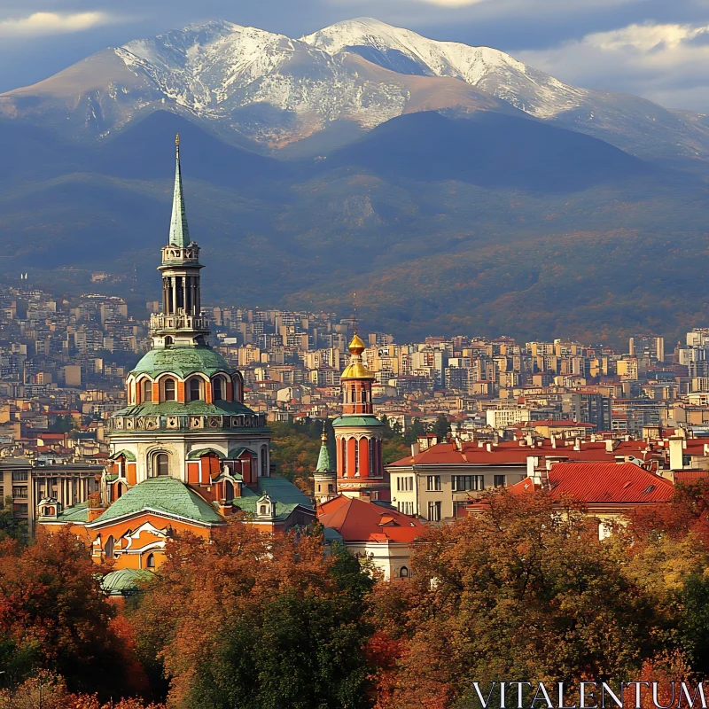 AI ART City View with Historical Church and Majestic Mountain Range