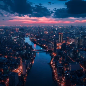 Dusk Over the City - Illuminated Skyline and River