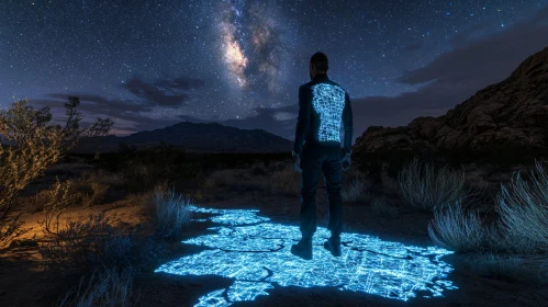 Man in Desert with Digital Glow at Night