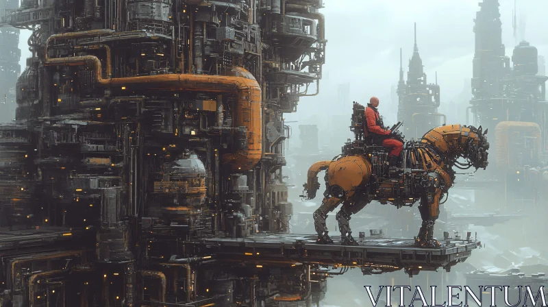 Industrial Futuristic City and Robotic Horse Rider AI Image