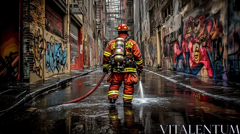 Firefighter in Urban Alley with Graffiti AI Image