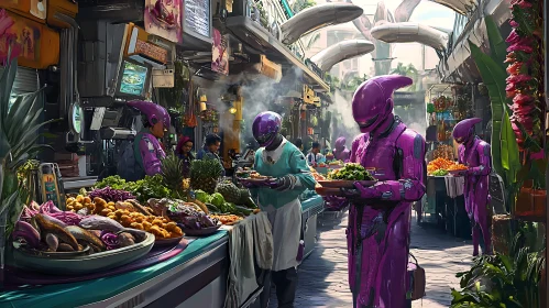 Cyberpunk Market Scene with Robots