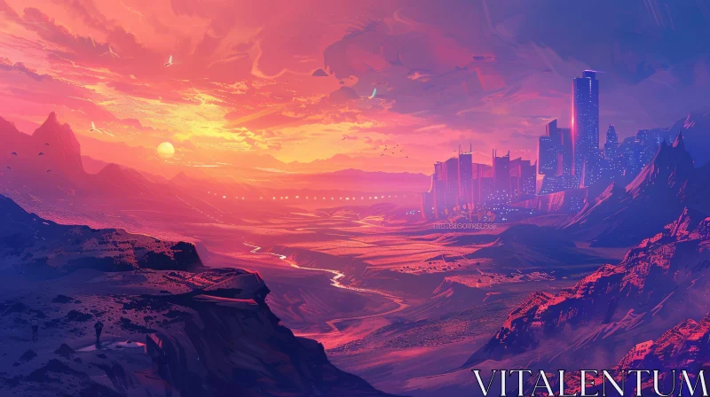 AI ART Twilight Over Desert and Futuristic Skyline