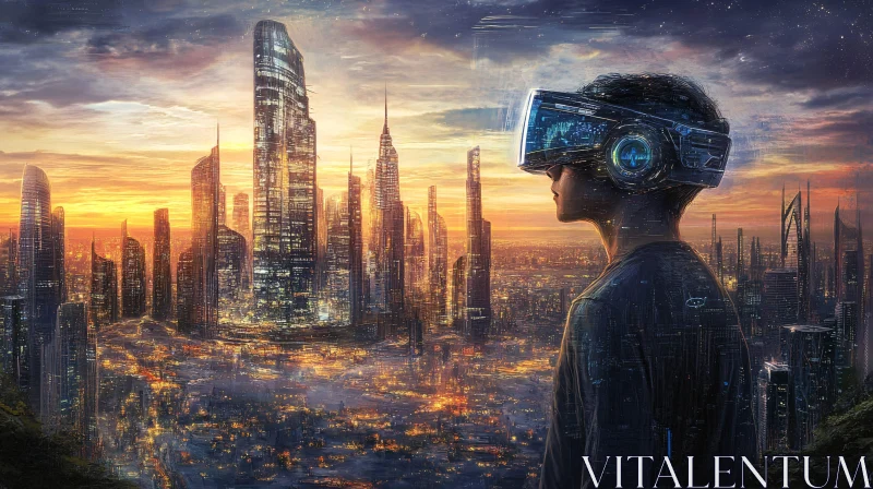 Person with VR Headset Viewing Futuristic City at Sunset AI Image