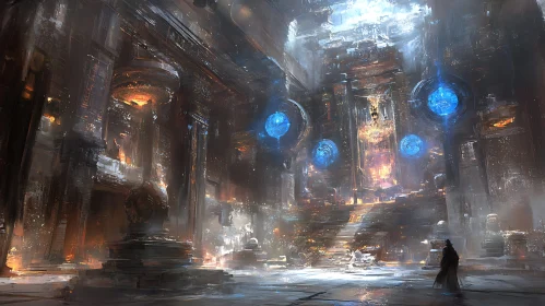 Ethereal Temple with Blue Orbs and High Ceilings