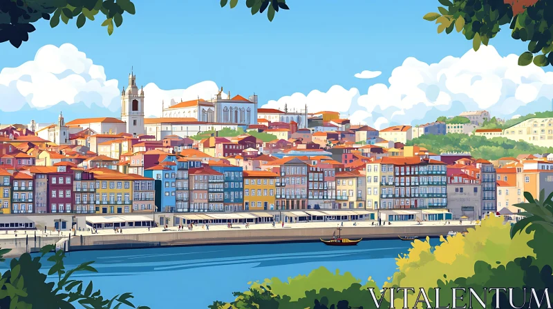 AI ART Vibrant Urban Panorama with River and Historical Architecture