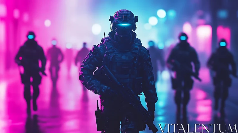 Cyberpunk Soldiers Walking in Neon Lights AI Image