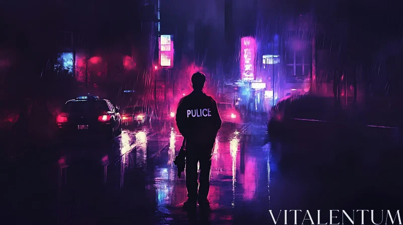 AI ART Police Officer in Rainy Neon-Lit Night