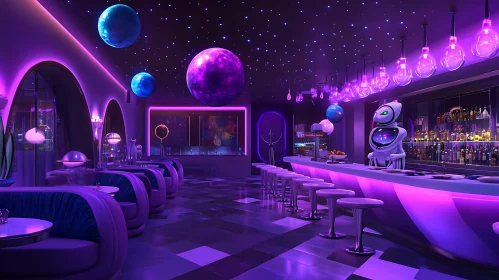 Sci-Fi Themed Bar with Neon Lights and Robot Bartender