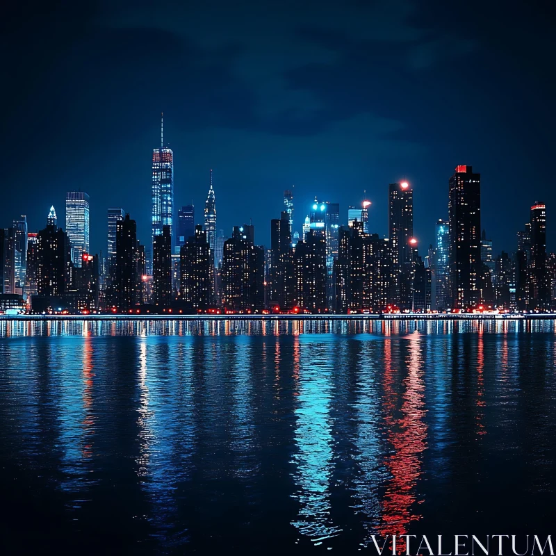 AI ART Illuminated Skyscrapers Reflected in Water at Night