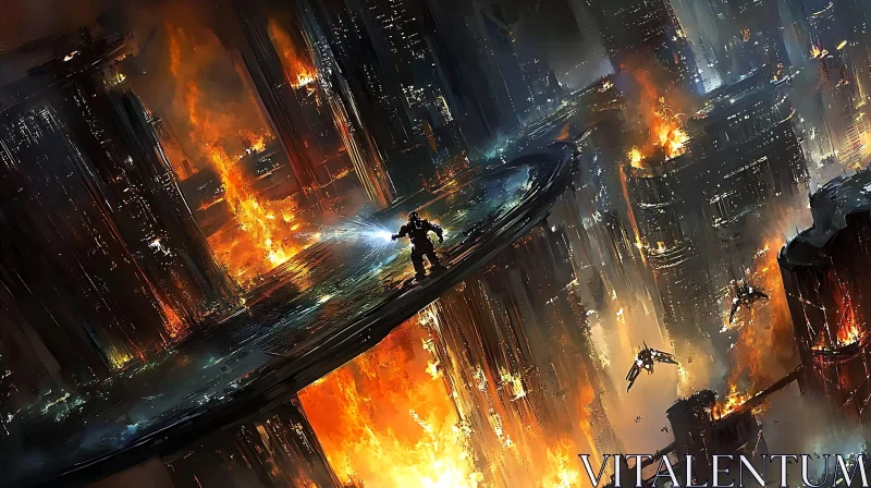 Apocalyptic Futuristic City with Fire and Drones AI Image