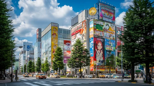 Urban Street Scene with Tall Buildings and Animated Billboards