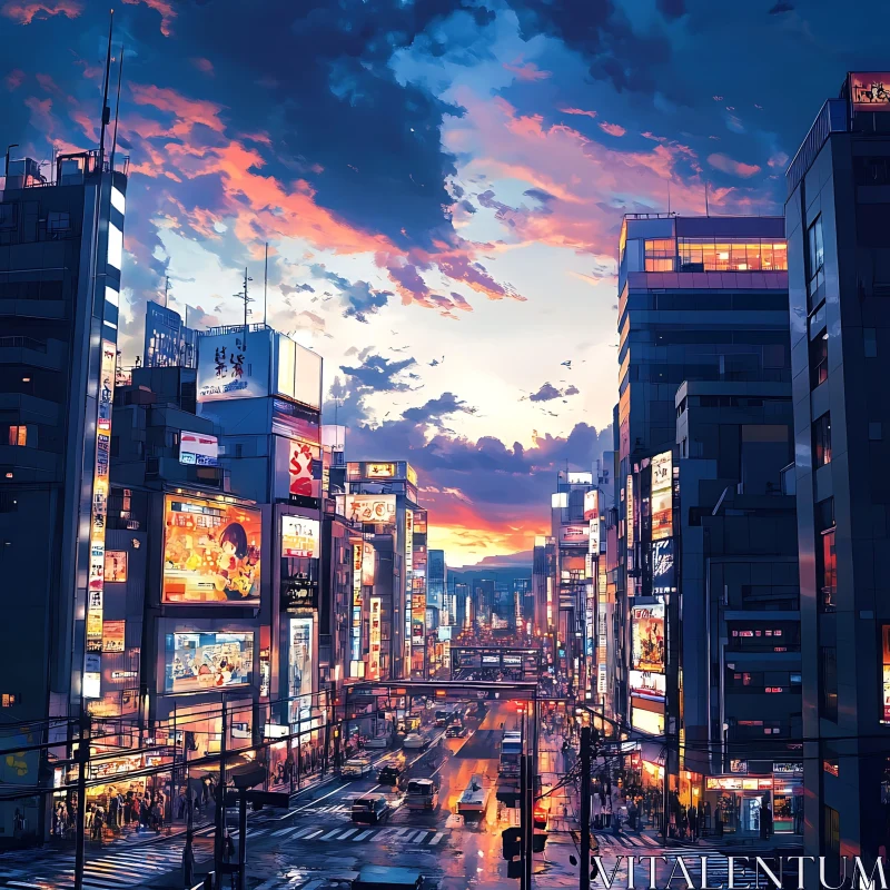 AI ART Vibrant City Sunset with Neon Illuminations