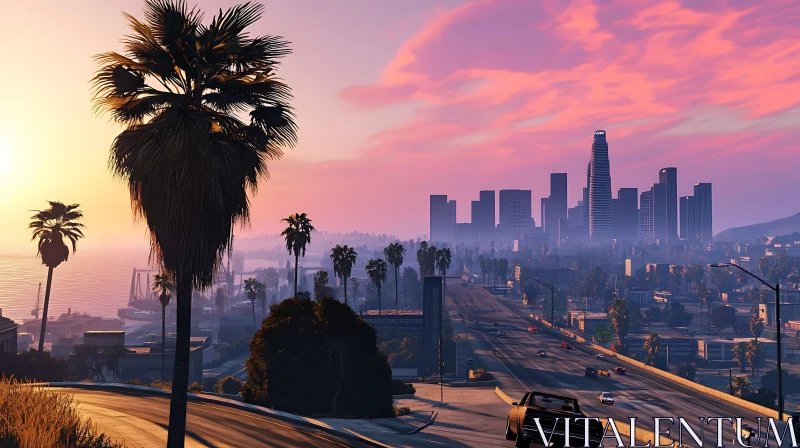 Sunset Over City Skyline with Palm Trees and Ocean AI Image