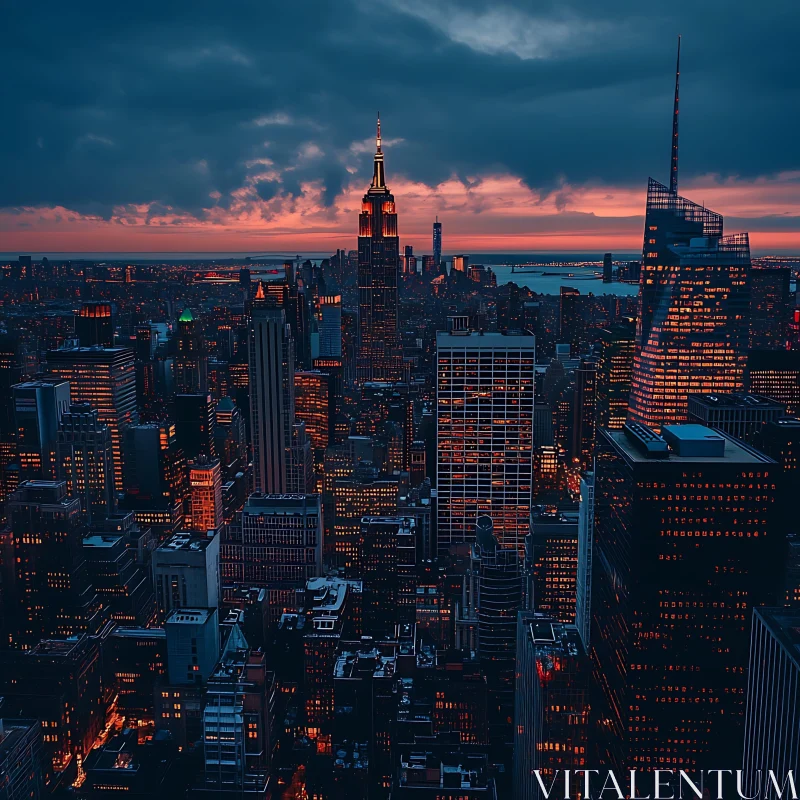 AI ART Urban Skyline at Sunset with Towering Buildings