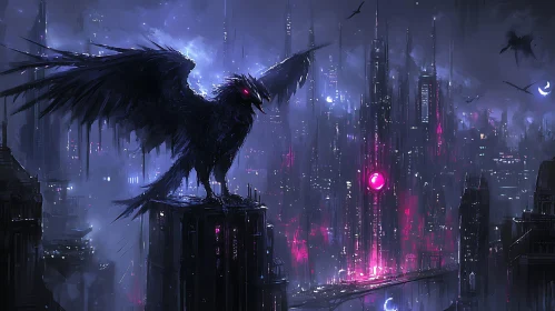 Surreal Raven Overlooking a Futuristic City at Night