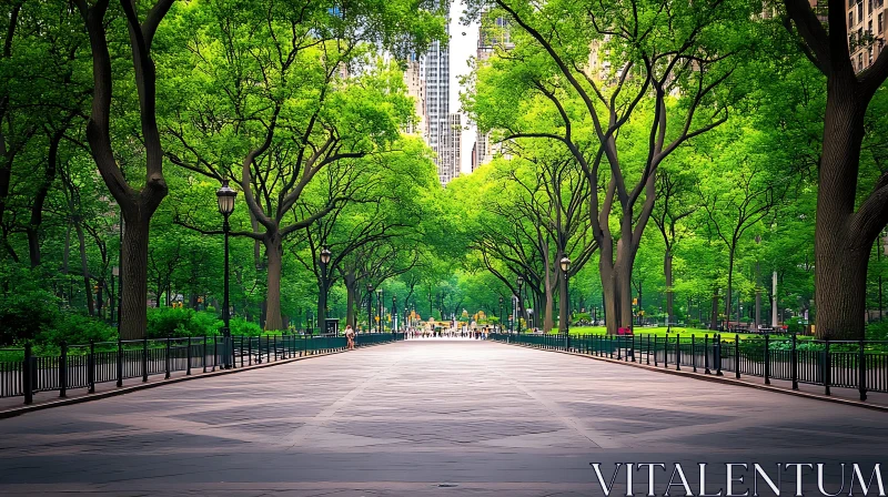 Tranquil City Park Pathway Lined with Trees AI Image