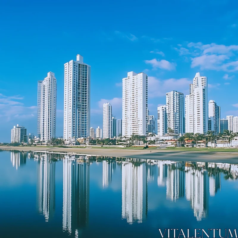 Urban Skyline Reflected on a Serene Body of Water AI Image