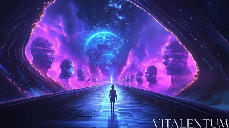 Futuristic Pathway with Glowing Cosmic Figures AI Image