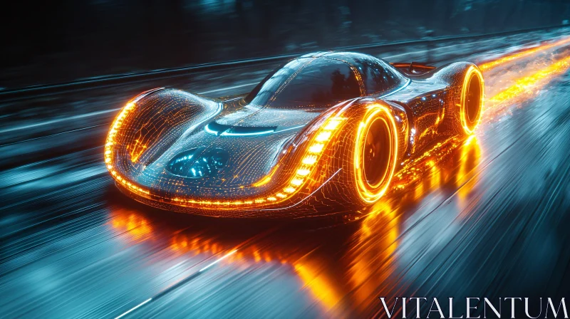 Glowing High-Tech Car on Wet Road at Night AI Image