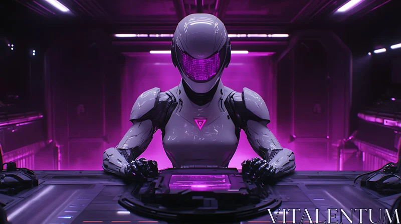 High-Tech Cyborg in Purple Neon Environment AI Image