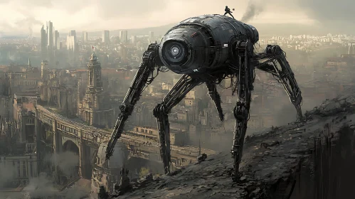 Robotic Arachnid Overlooking Desolate Urban Landscape