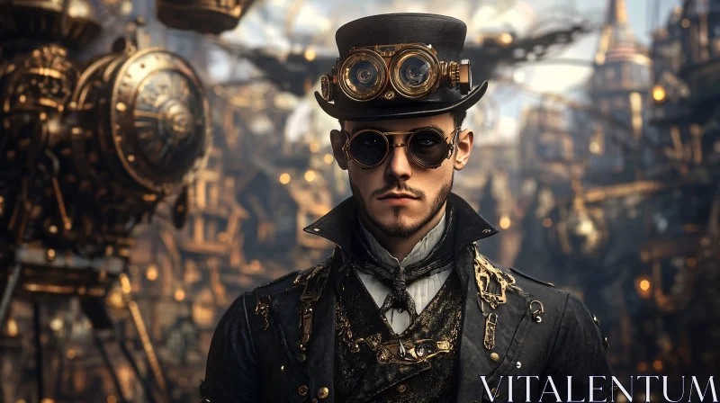 Vintage Steampunk Man with Goggles and Machinery Background AI Image