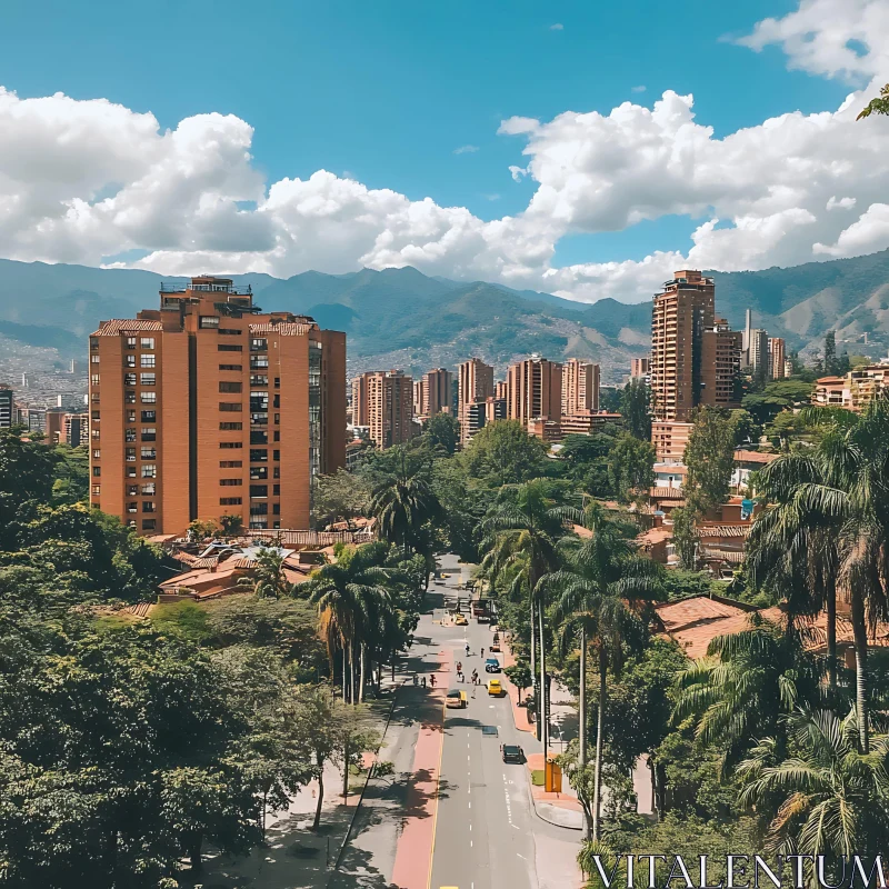 Urban Landscape with Mountains and Palm Trees AI Image