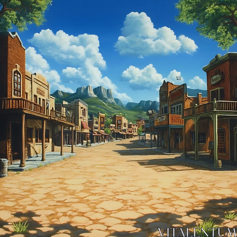 Vintage Western Town and Scenic Mountain Backdrop AI Image