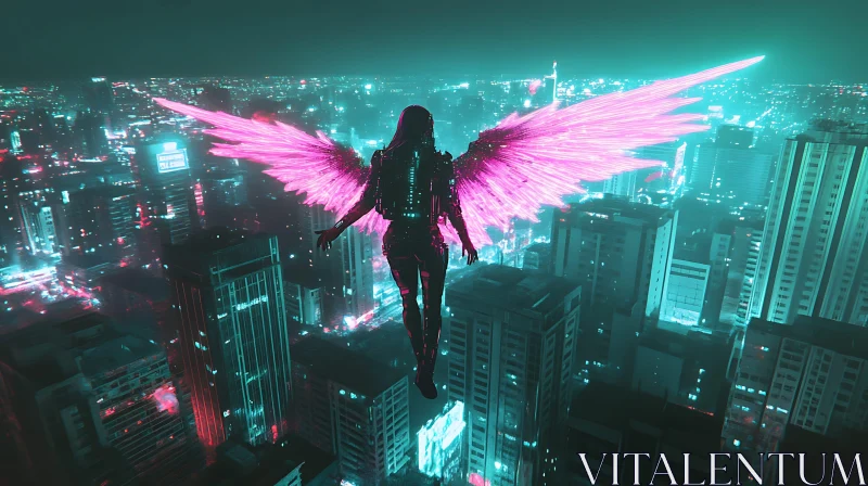 Neon Wings Over Futuristic Nighttime City AI Image