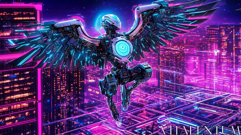 High-Tech Cyborg Flying Over Neon Metropolis AI Image