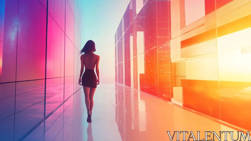 Urban Futuristic Woman in Neon Corridor AI Image