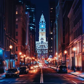 Mesmerizing Night View of Urban Street with Clock Tower