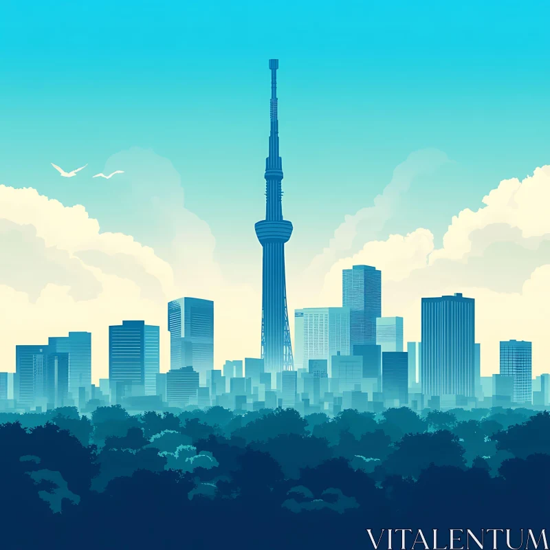 AI ART Cityscape with Tower and Greenery