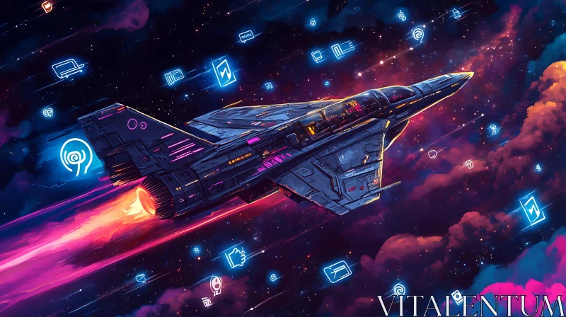 Technological Marvel: Spaceship in a Neon Galaxy AI Image