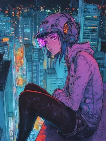 Neon City High-Rise with Anime Girl