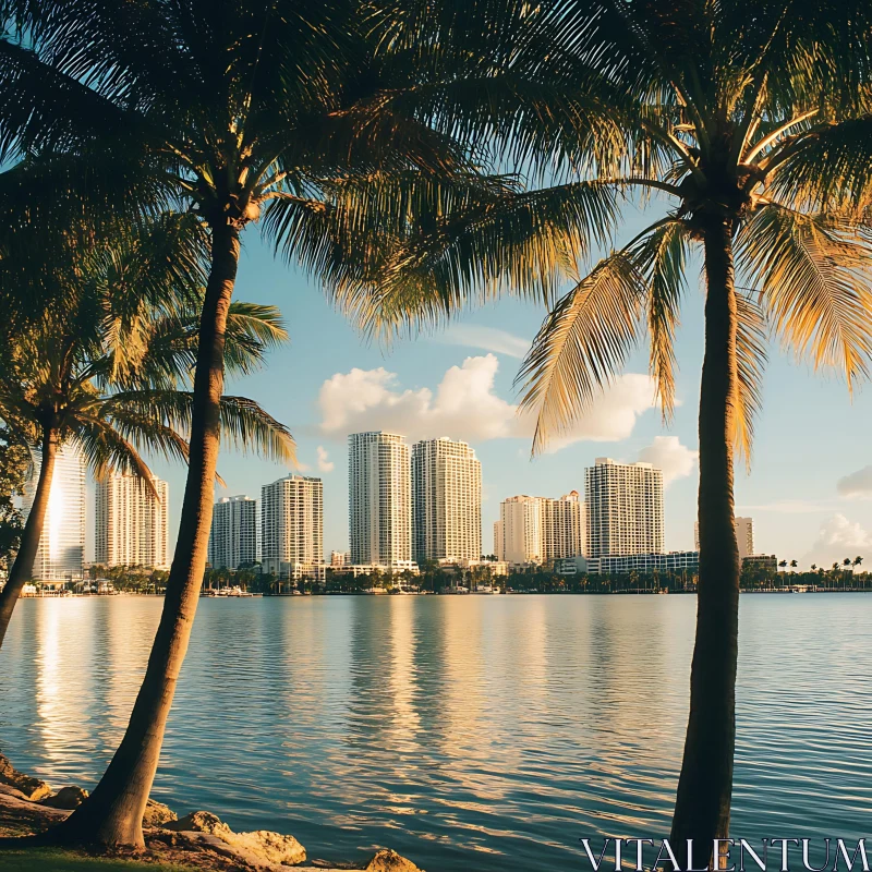 Urban Oasis: Palm Trees and City Skyline by the Water AI Image