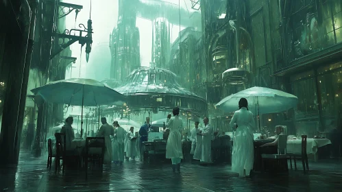 Rainy Street Dining in a Futuristic City