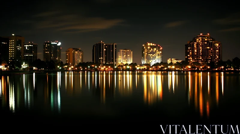 Illuminated City at Night with Reflections AI Image